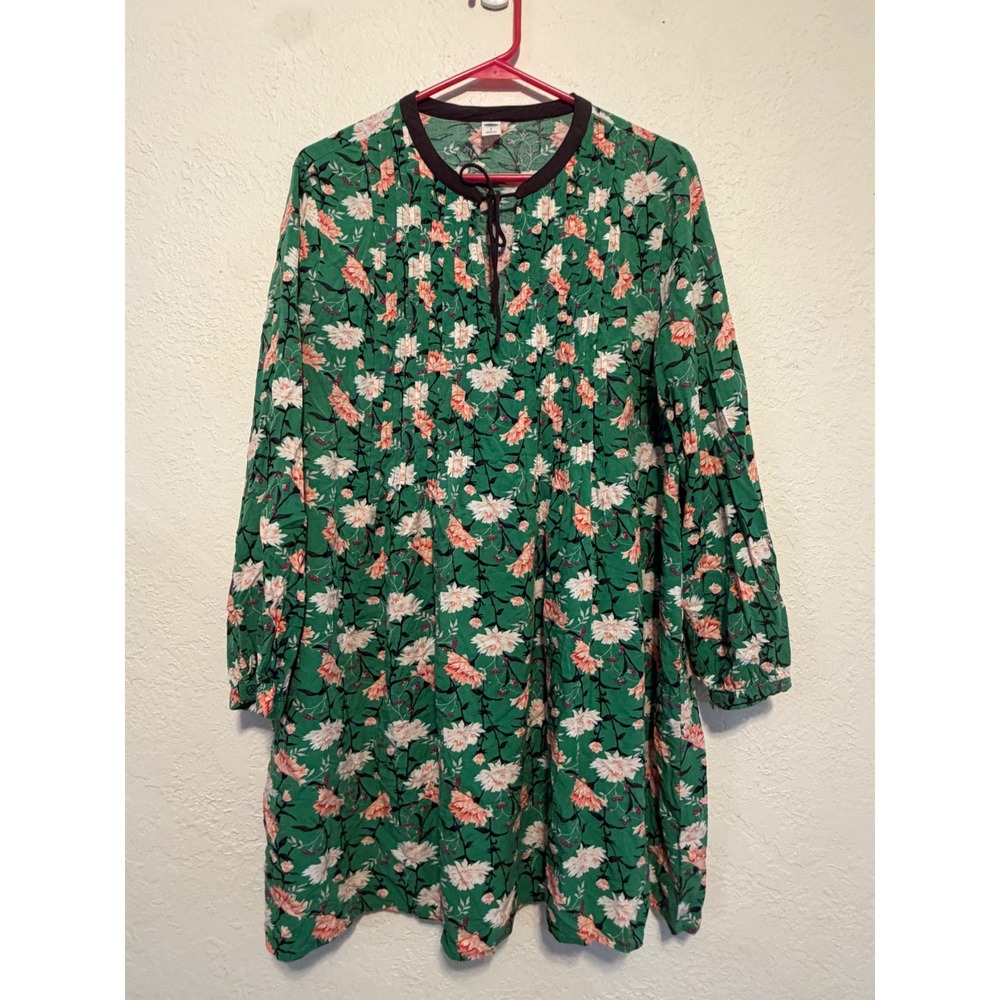 Old Navy Green Floral Pin-Tuck Swing Dress Long Sleeve S/820519-01 Large